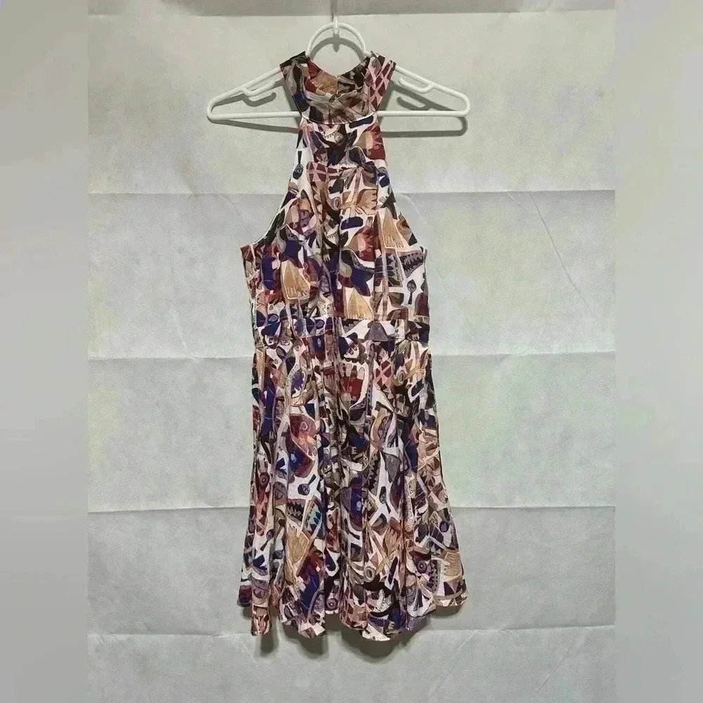 Lulus Sz. M Skater Dress Open Back Halter Neck Geometric Art One Eye Fit & Flare